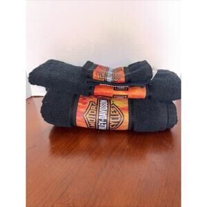 Vtg HARLEY DAVIDSON 2002 LICENSED PRODUCT Black & Orange 3 PIECE BATH TOWELS SET